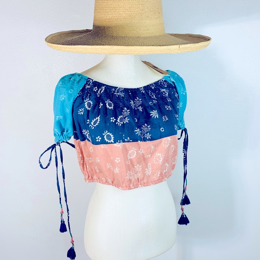 NWT Kopal Mohini boho crop top Multi Ditzy Sz Med. Tassel ties. Festival…